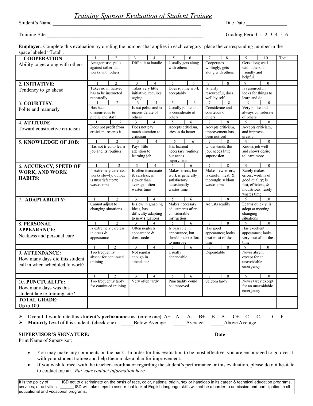 Training Sponsor Evaluation of Student Trainee