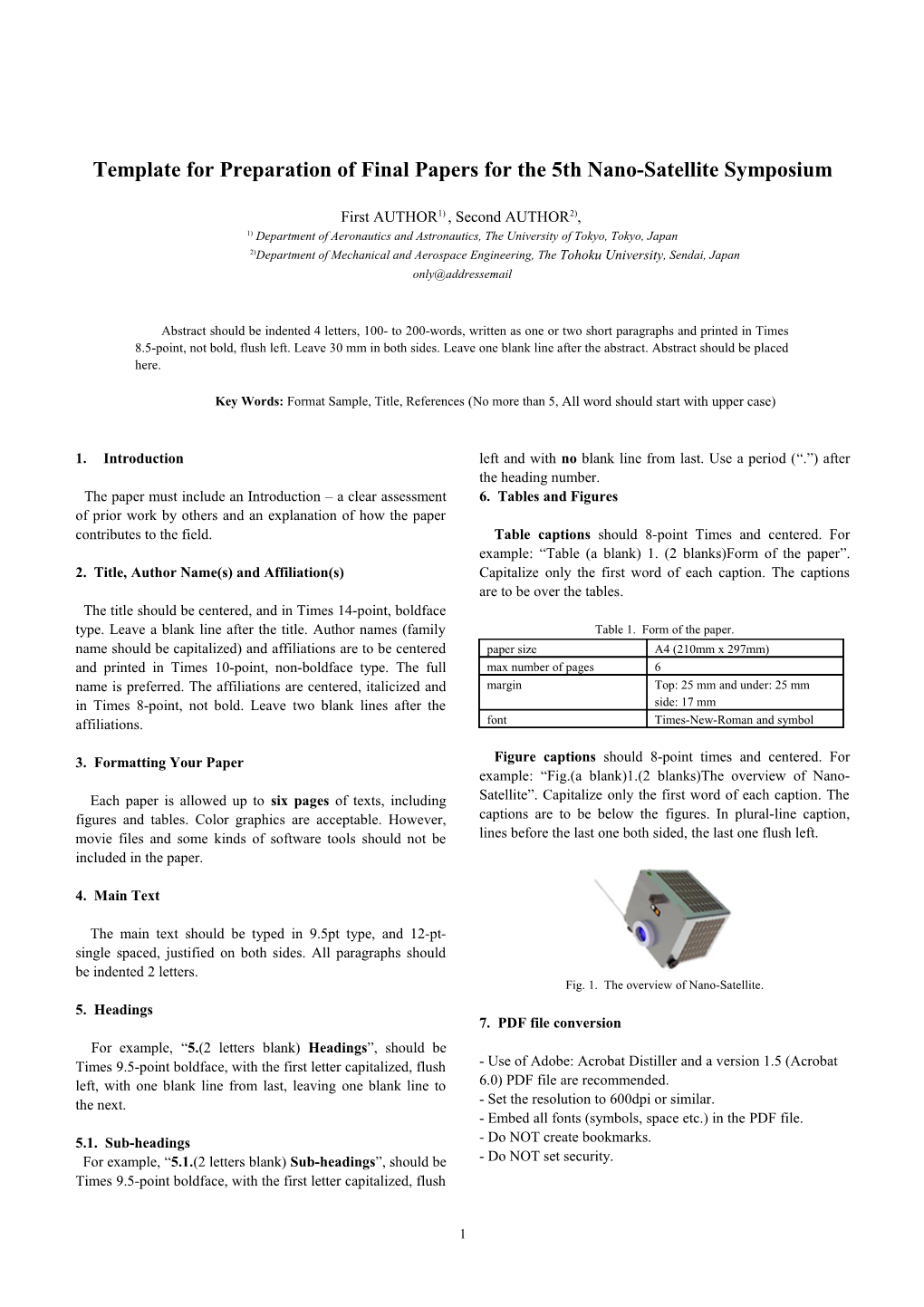 Template for Preparation of Final Papers Forthe 5Th Nano-Satellite Symposium