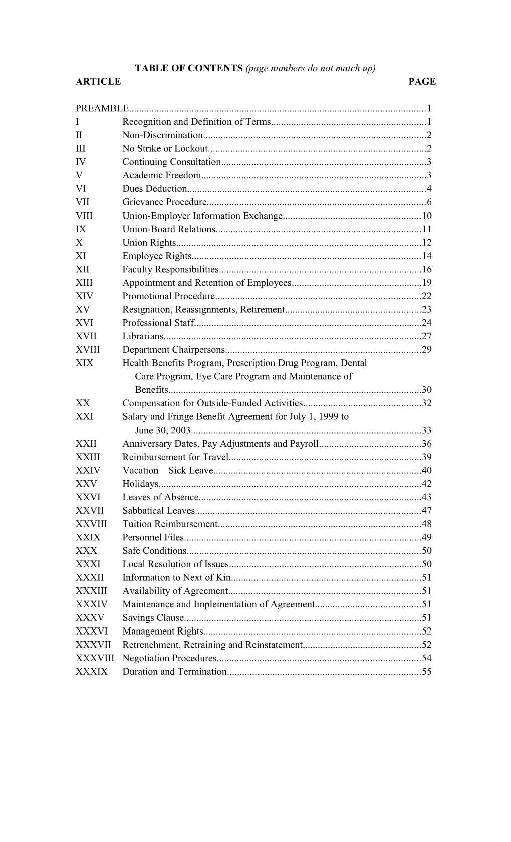 TABLE of CONTENTS (Page Numbers Do Not Match Up)