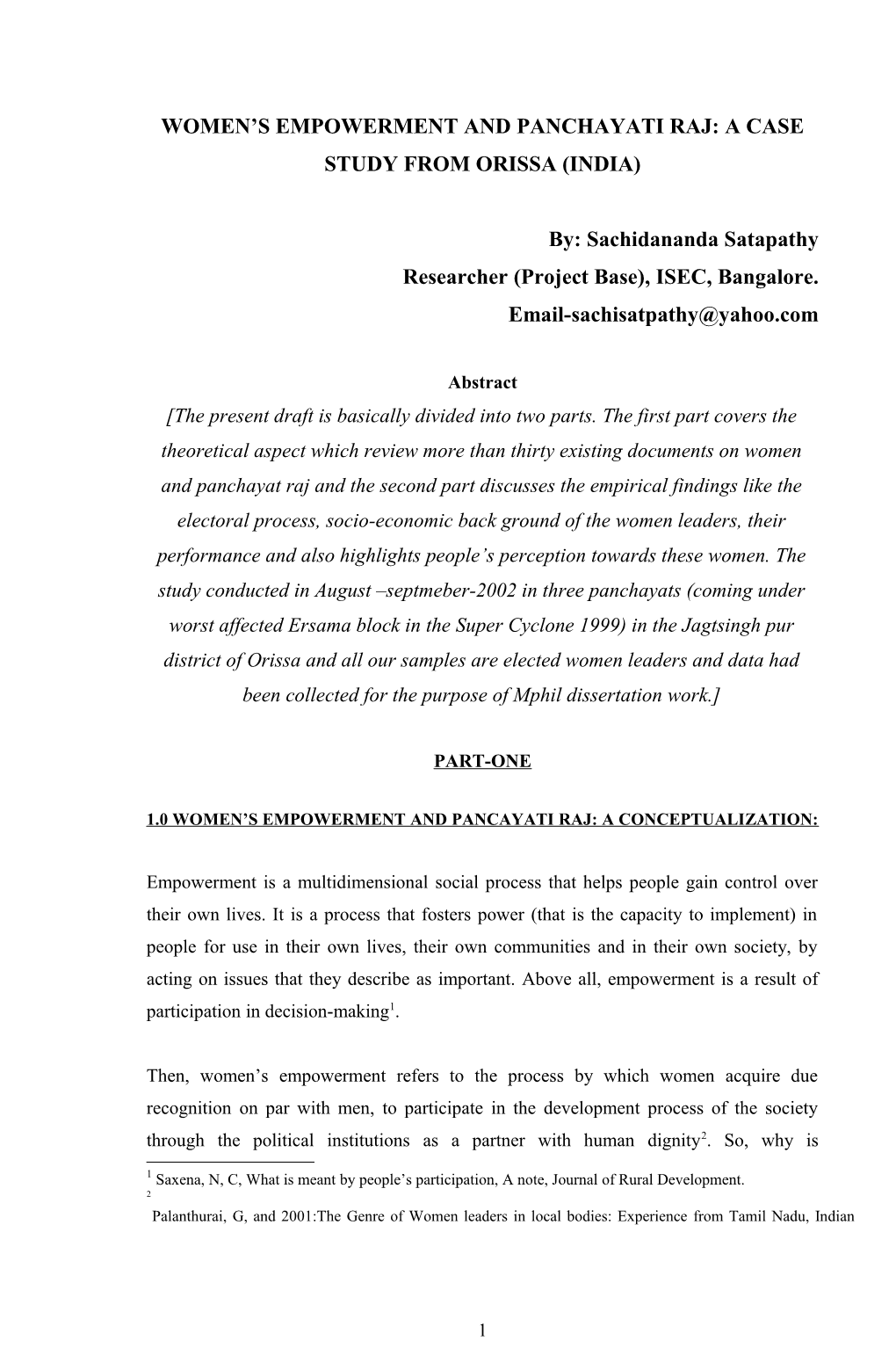 Women Empowerment and Panchayat Raj: a Study from Orissa (India)