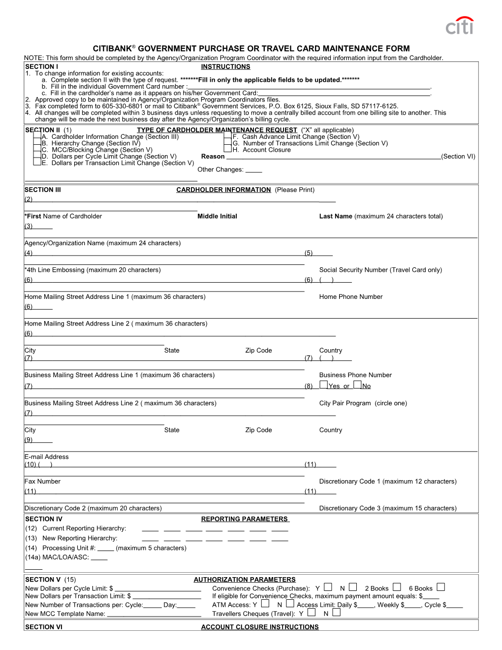 Government Purchase Or Travel Card Maintenance Form