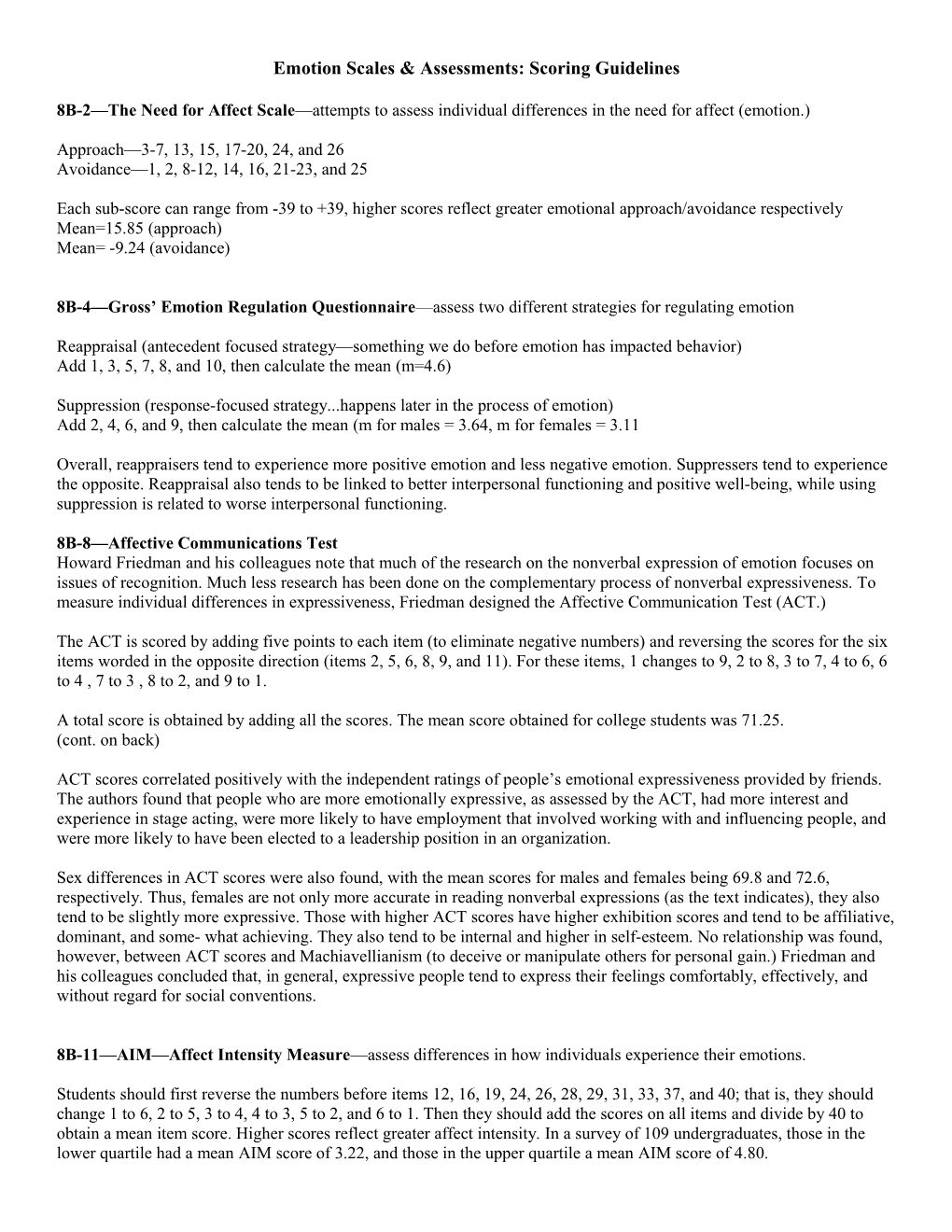 Emotion Scales & Assessments: Scoring Guidelines