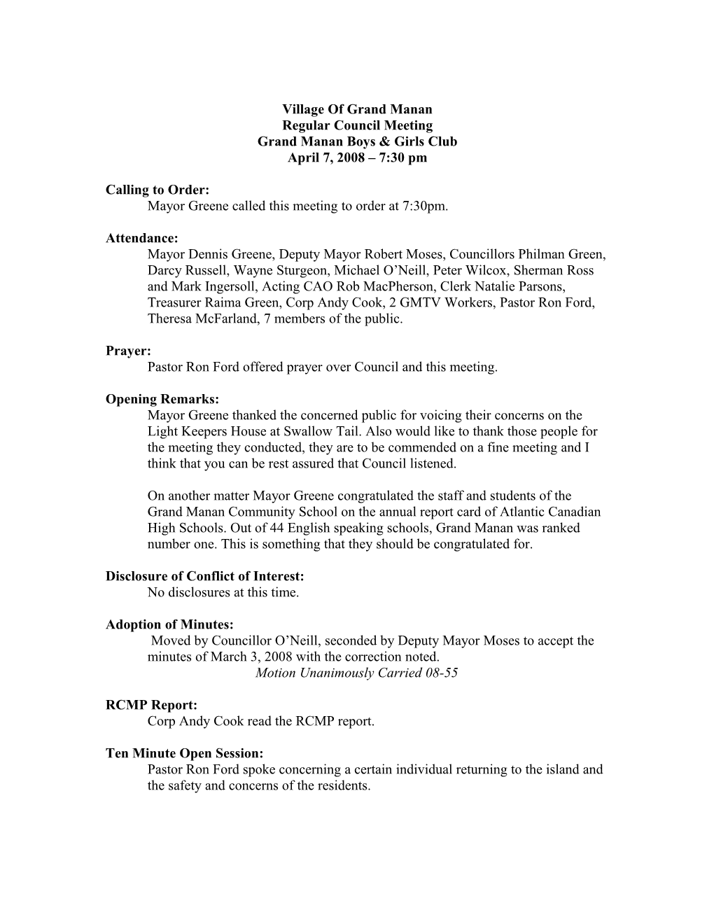 Minutes Village of Grand Manan Regular Council Meeting 04/07/08Cont D