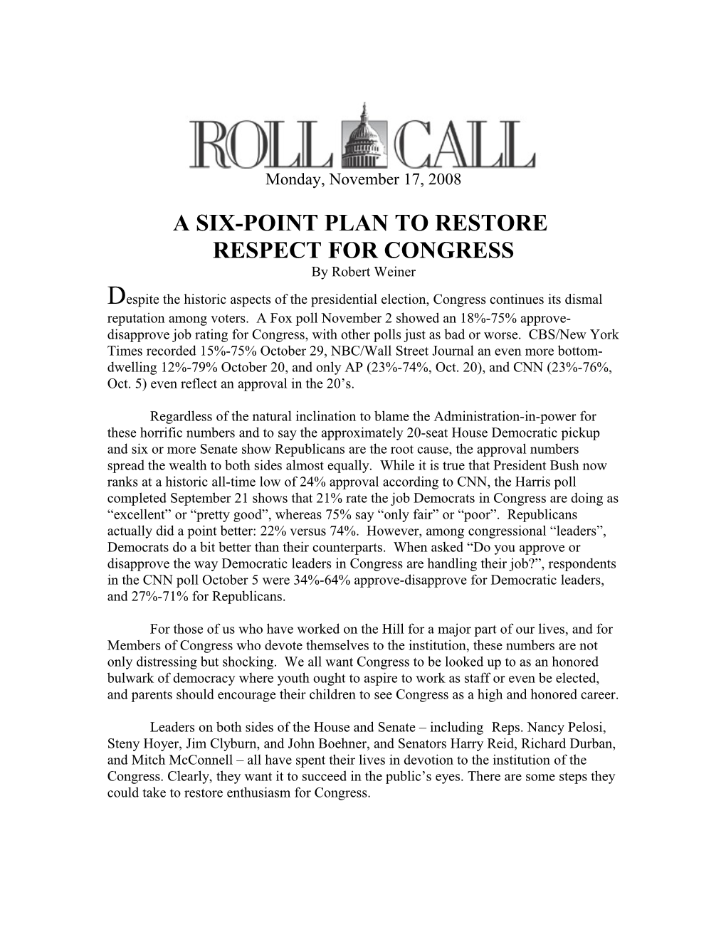 Job #1 Restore Respect for Congress