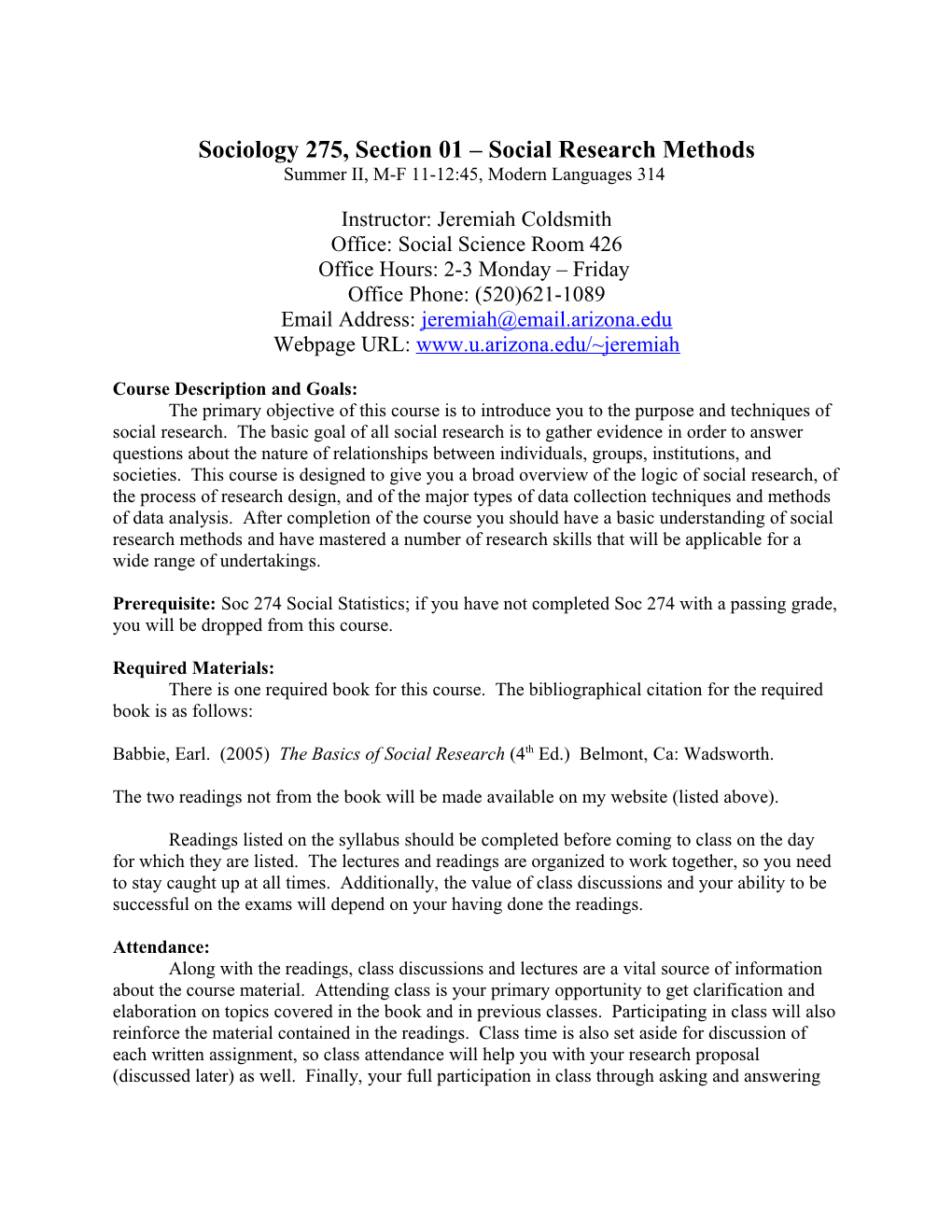 Sociology 275 Section 02: Social Research Methods
