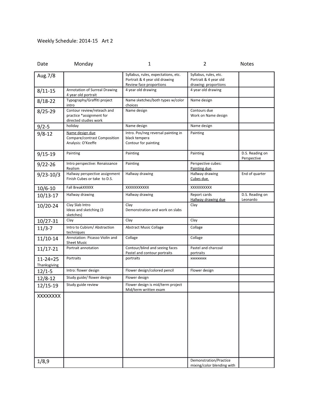 Weekly Schedule: 2014-15 Art 2