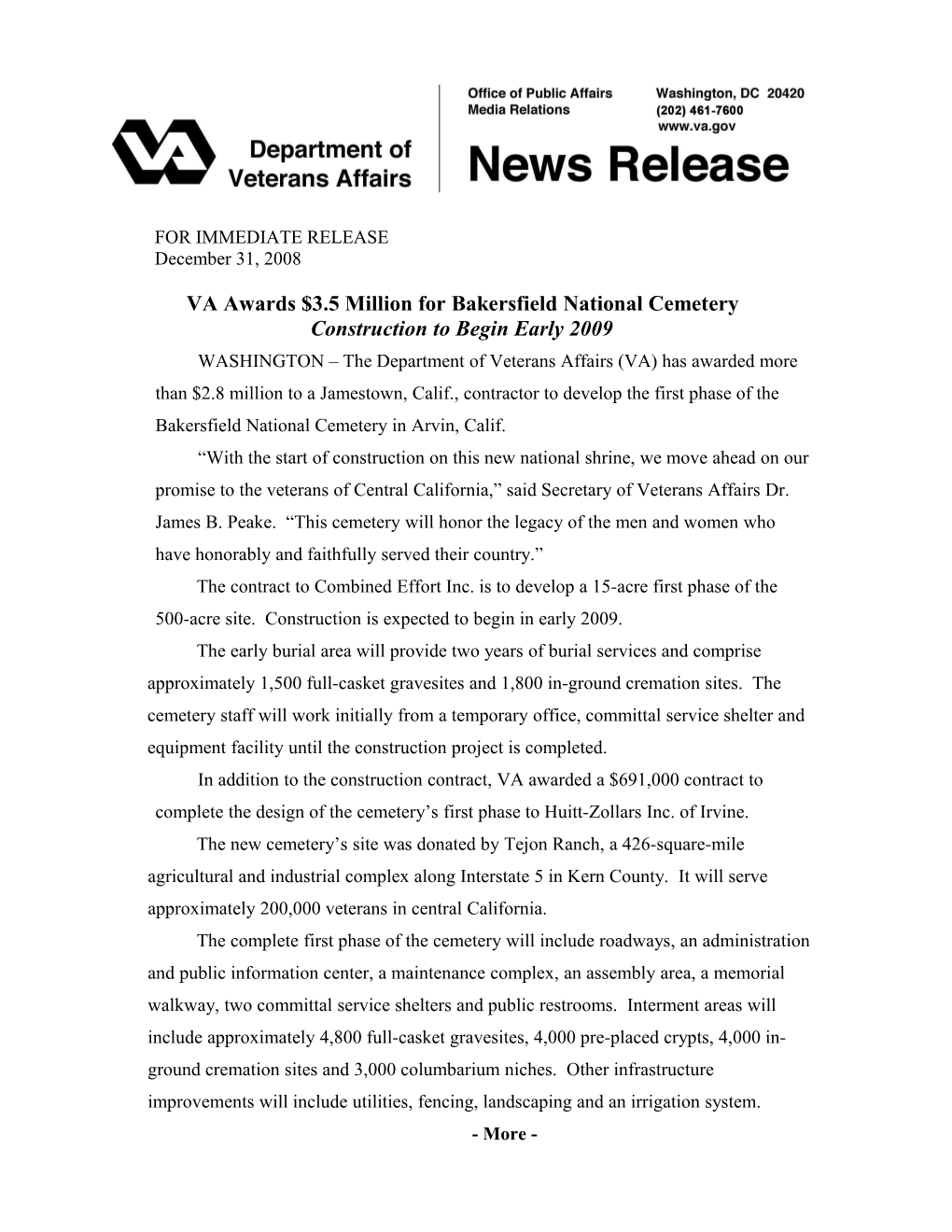 VA Awards $3.5 Million for Bakersfieldnationalcemetery