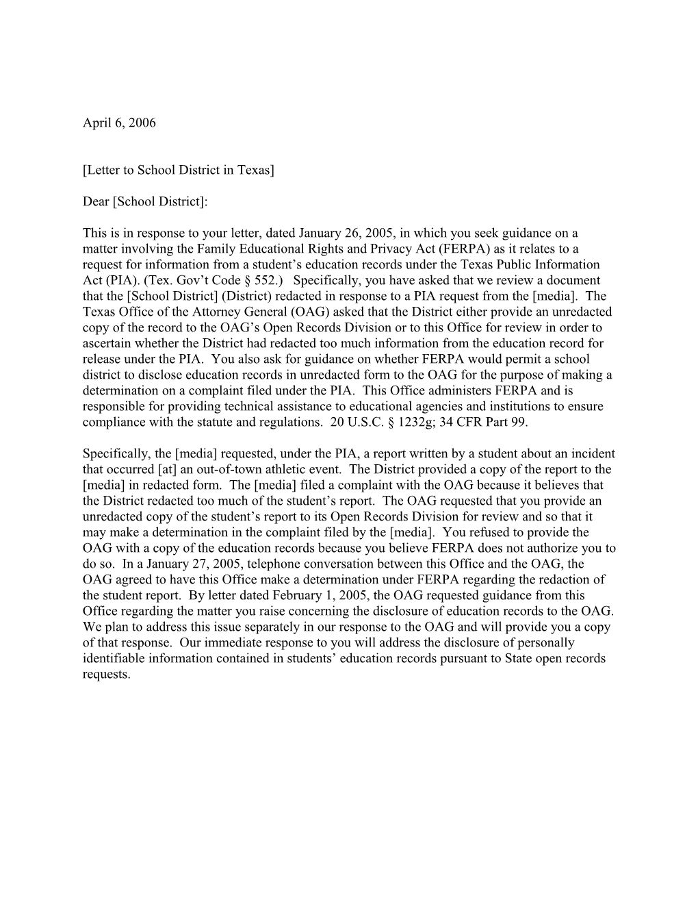 Letter to School Dist.Re: Disclosure of ED Records to Texas Office of Attorney General