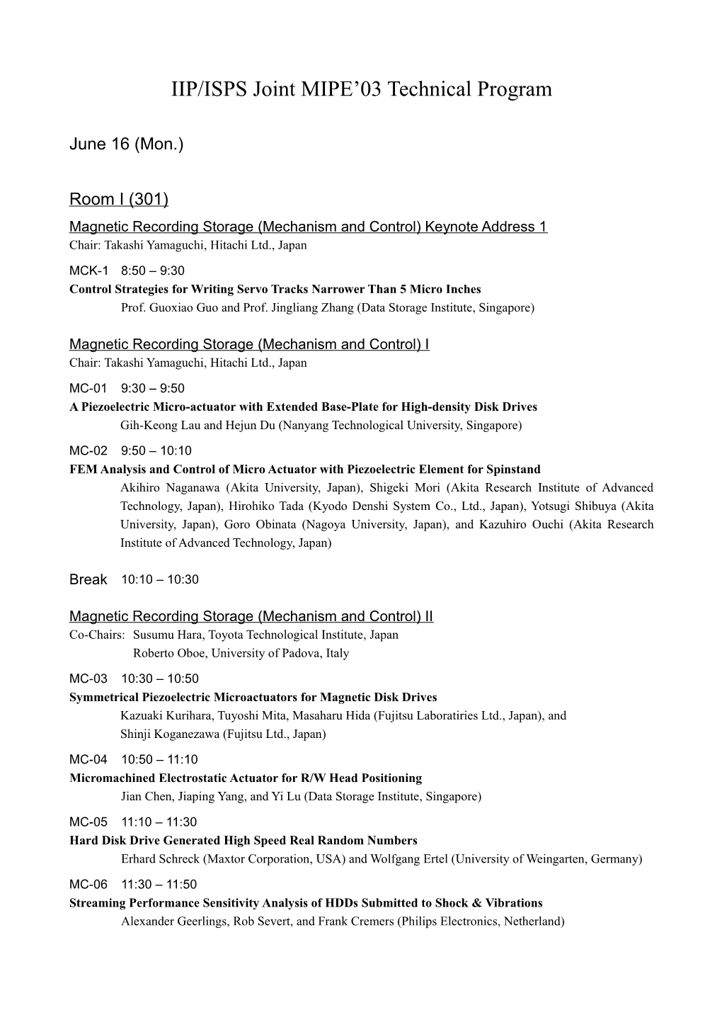 IIP/ISPS Joint MIPE03 Technical Program