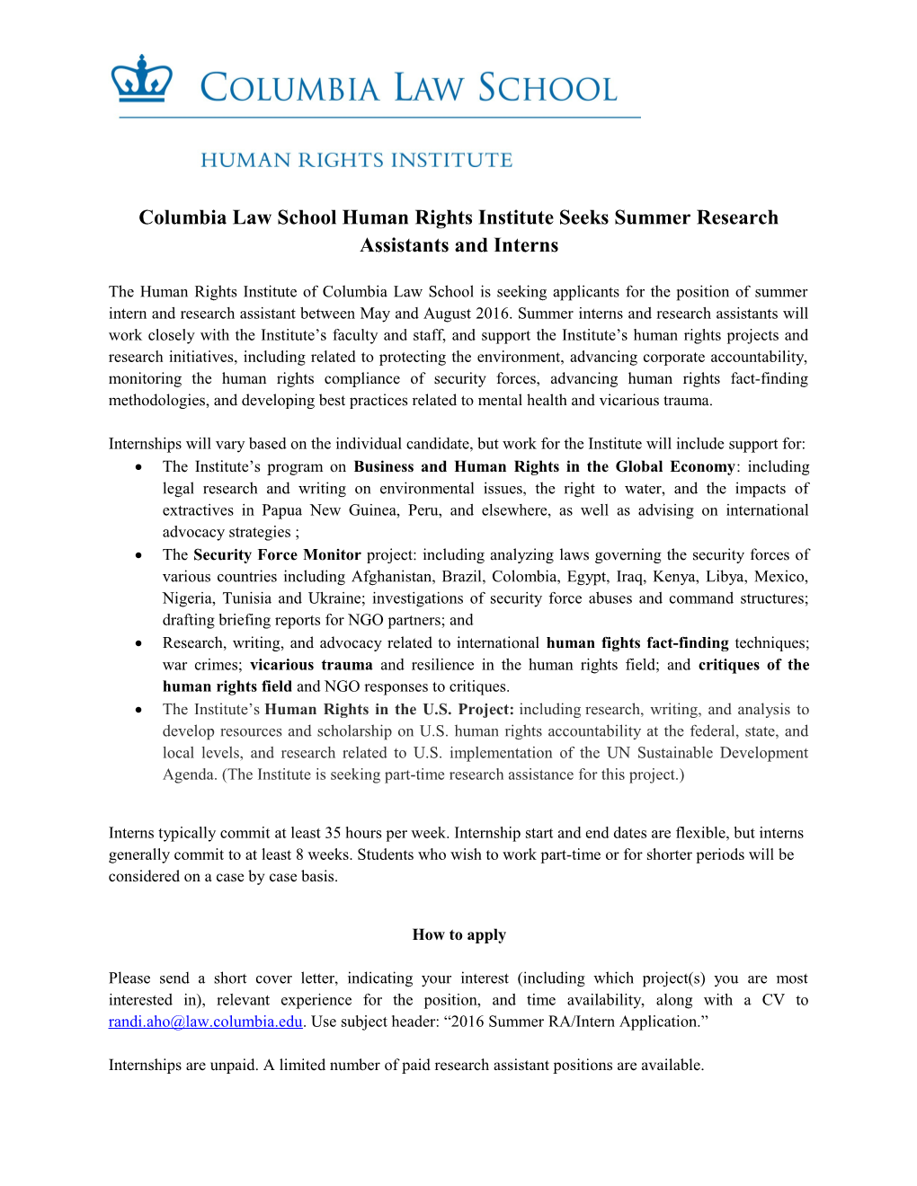 Columbia Law School Human Rights Institute Seeks Summer Research Assistants and Interns