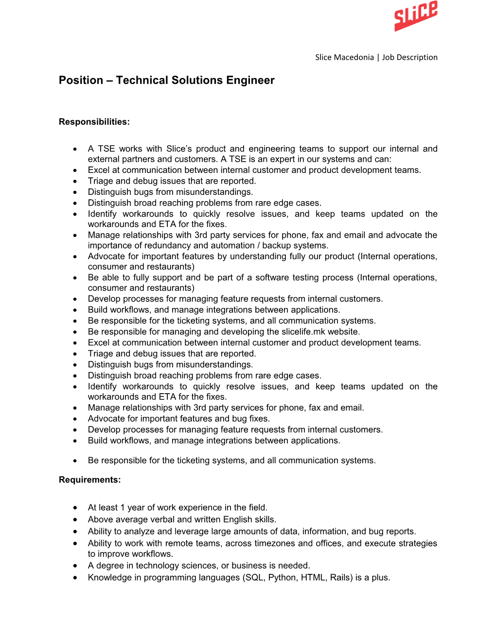 Position Technical Solutions Engineer