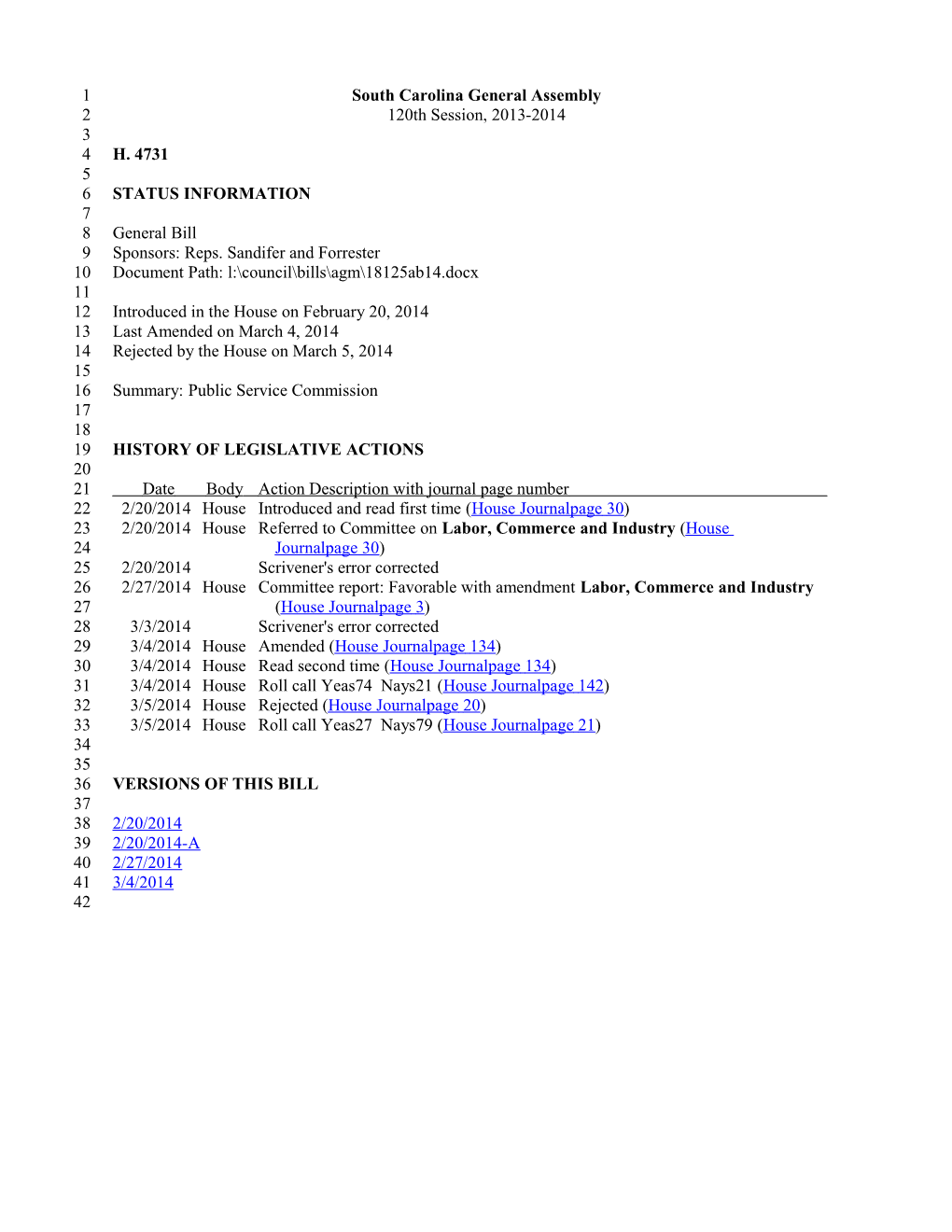 2013-2014 Bill 4731: Public Service Commission - South Carolina Legislature Online