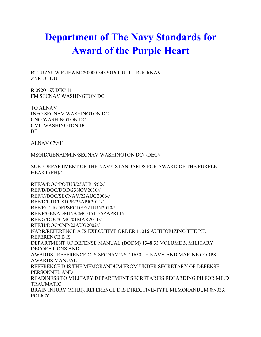 Department of the Navy Standards for Award of the Purple Heart