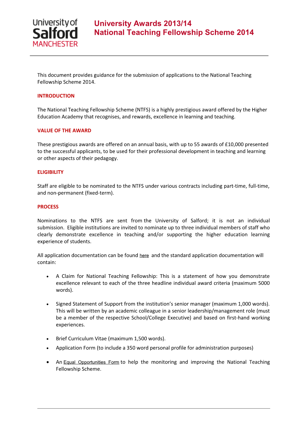 This Document Provides Guidance Forthe Submission of Applications to the National Teaching
