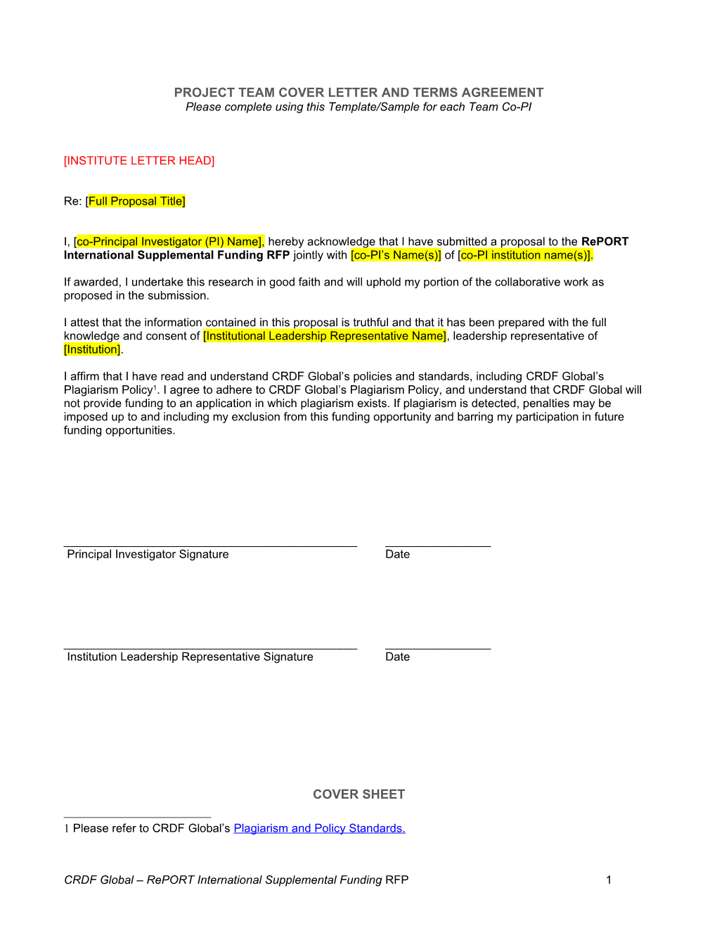 Project Team Cover Letter and Terms Agreement