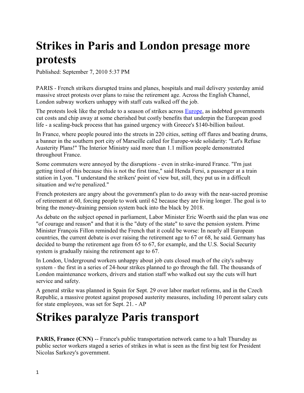 Strikes in Paris and London Presage More Protests