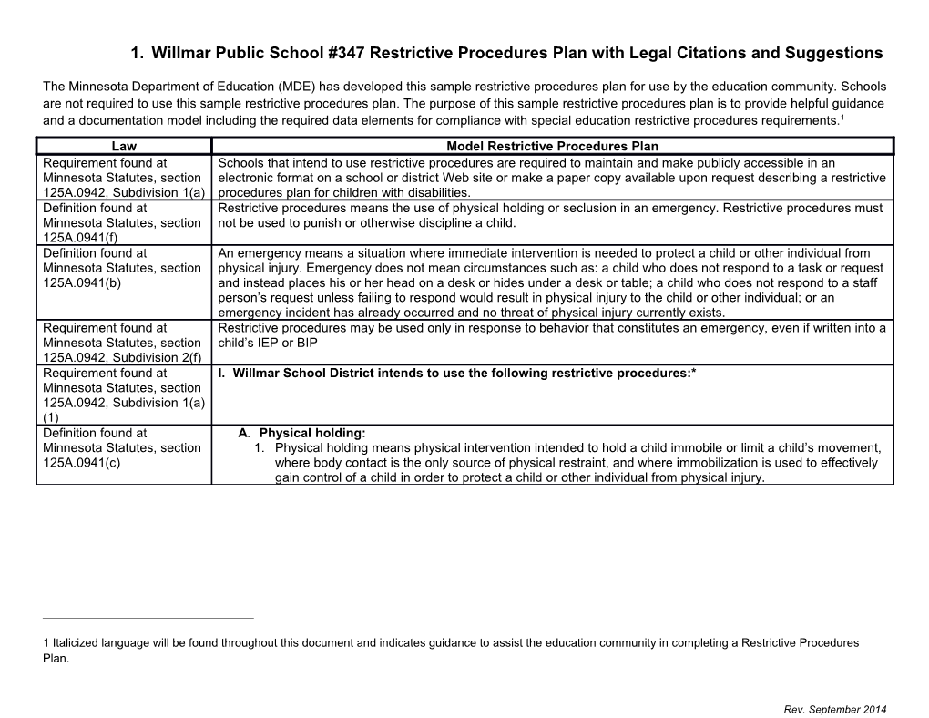 Willmar Restrictive Procedures Plan