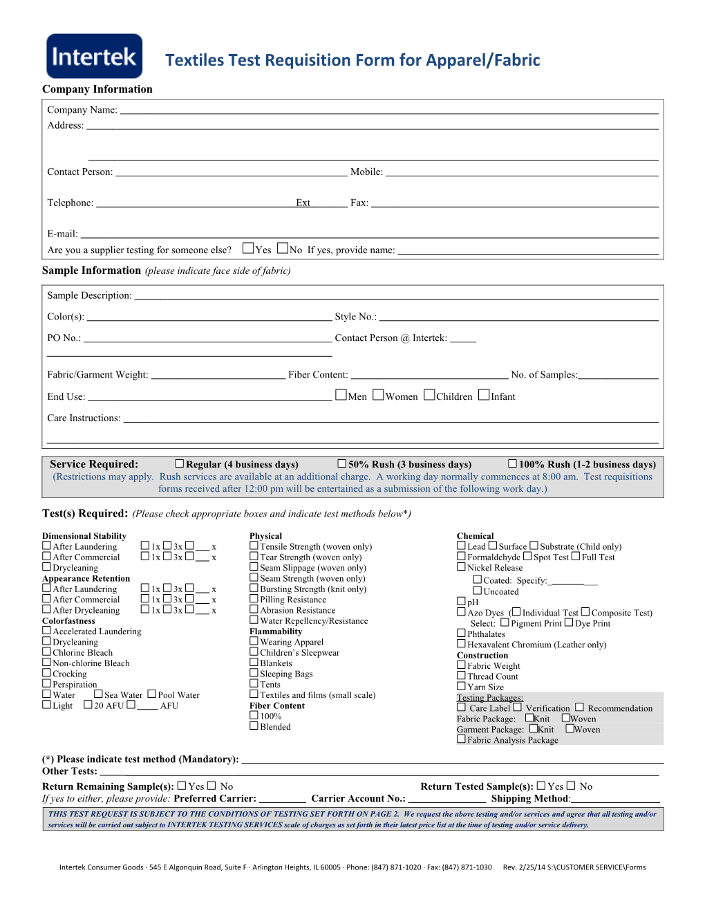 Textiles Test Requisition Form for Apparel/Fabric