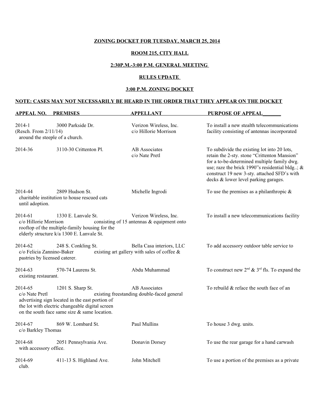 Zoning Docket for Tuesday, March 25, 2014