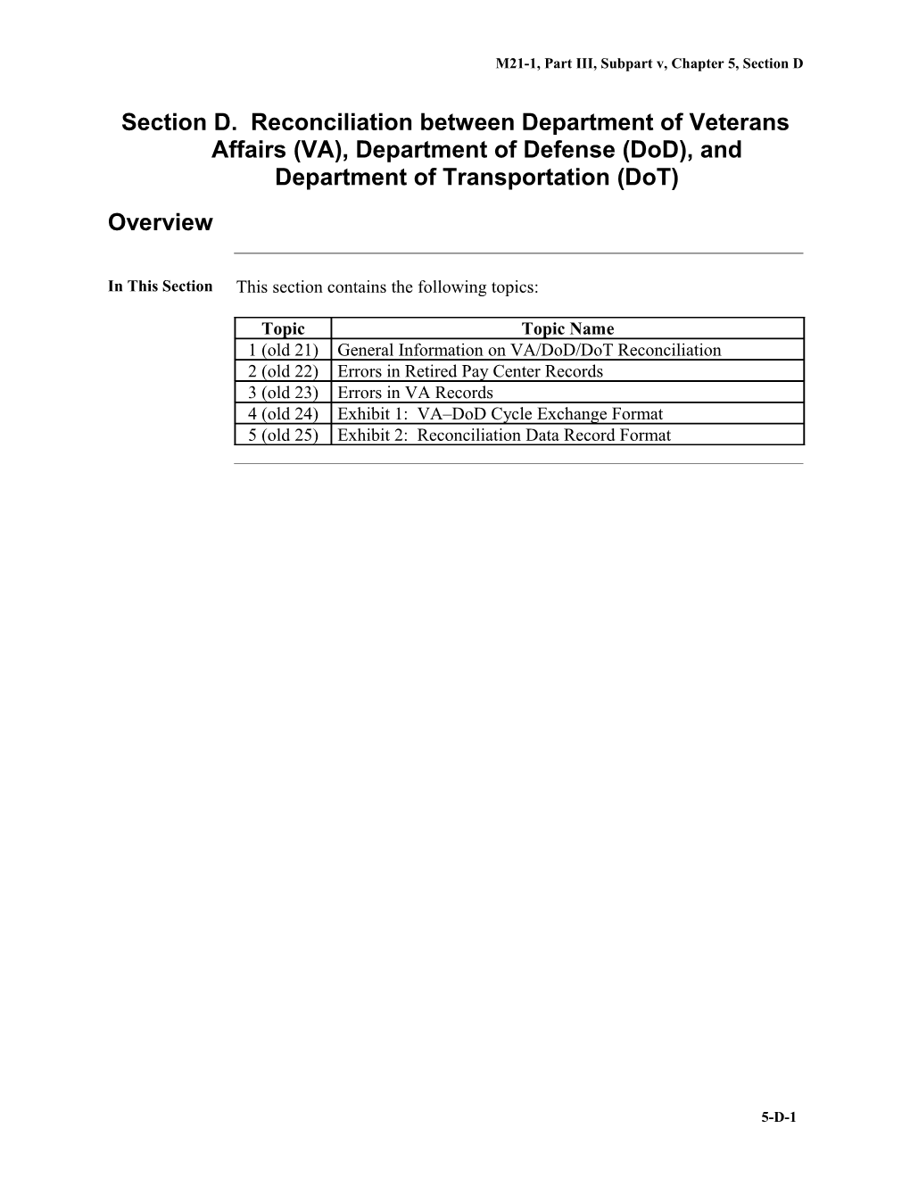 M21-1MR, Part III, Subpart V, Chapter 5, Section D. Reconciliation Between Department Of