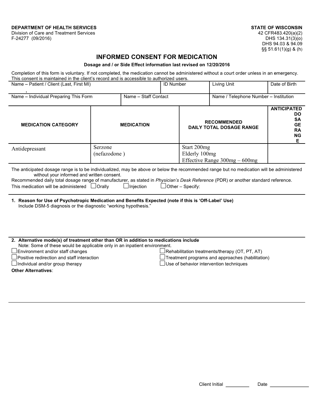 Informed Consent for Medication, Serzone