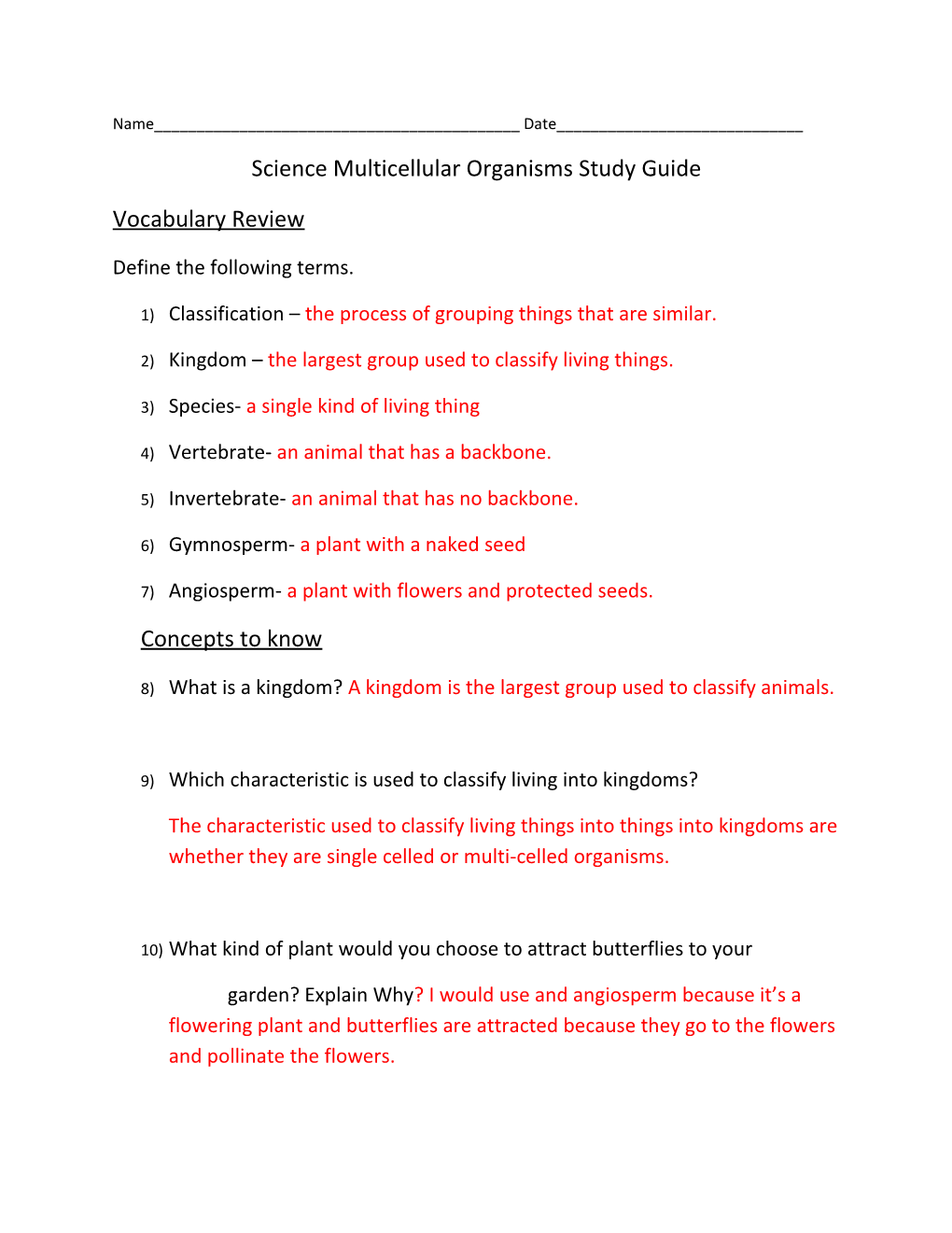 Science Multicellular Organisms Study Guide