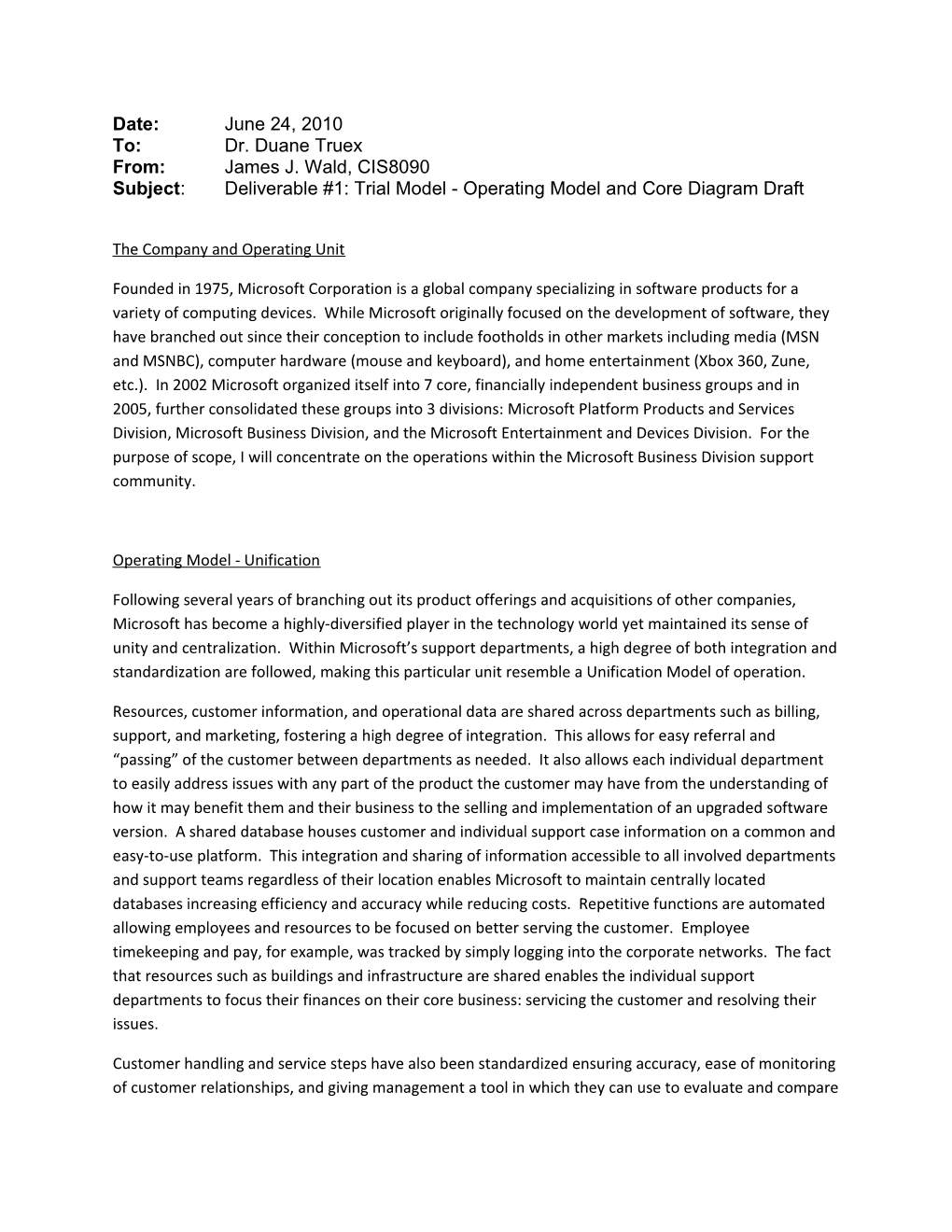 Subject: Deliverable #1: Trial Model - Operating Model and Core Diagram Draft