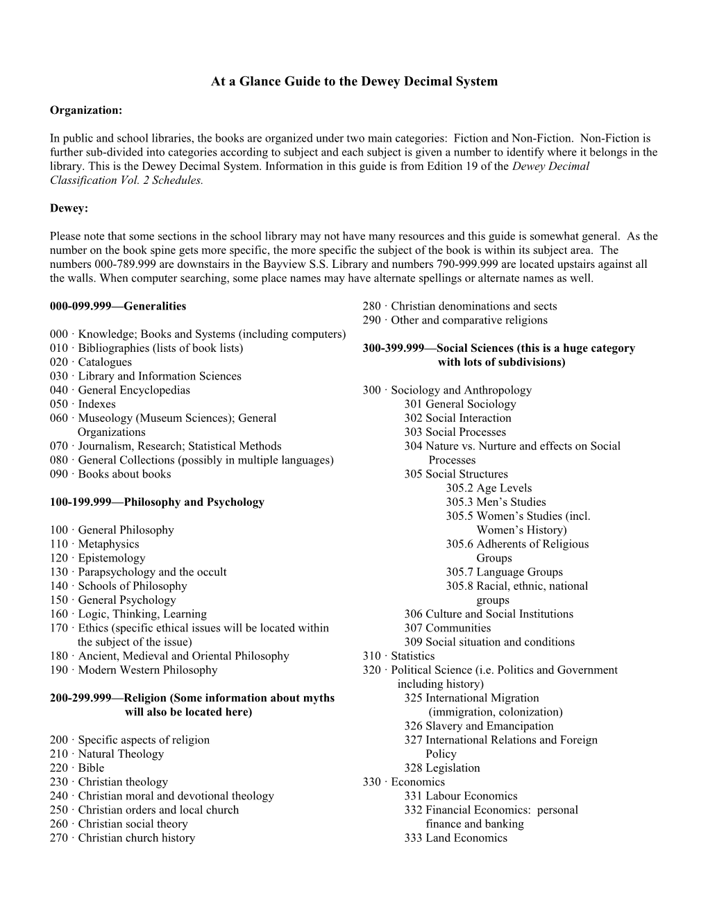 At a Glance - Guide to the Dewey Decimal System