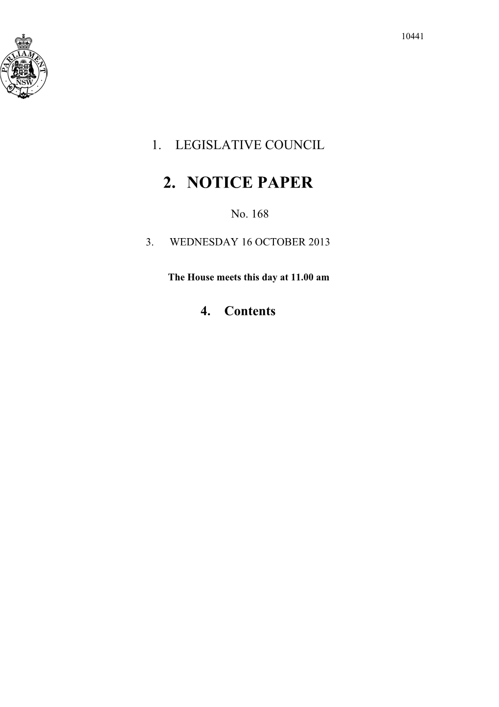 Legislative Council Notice Paper No. 168 Wednesday 16 October 2013