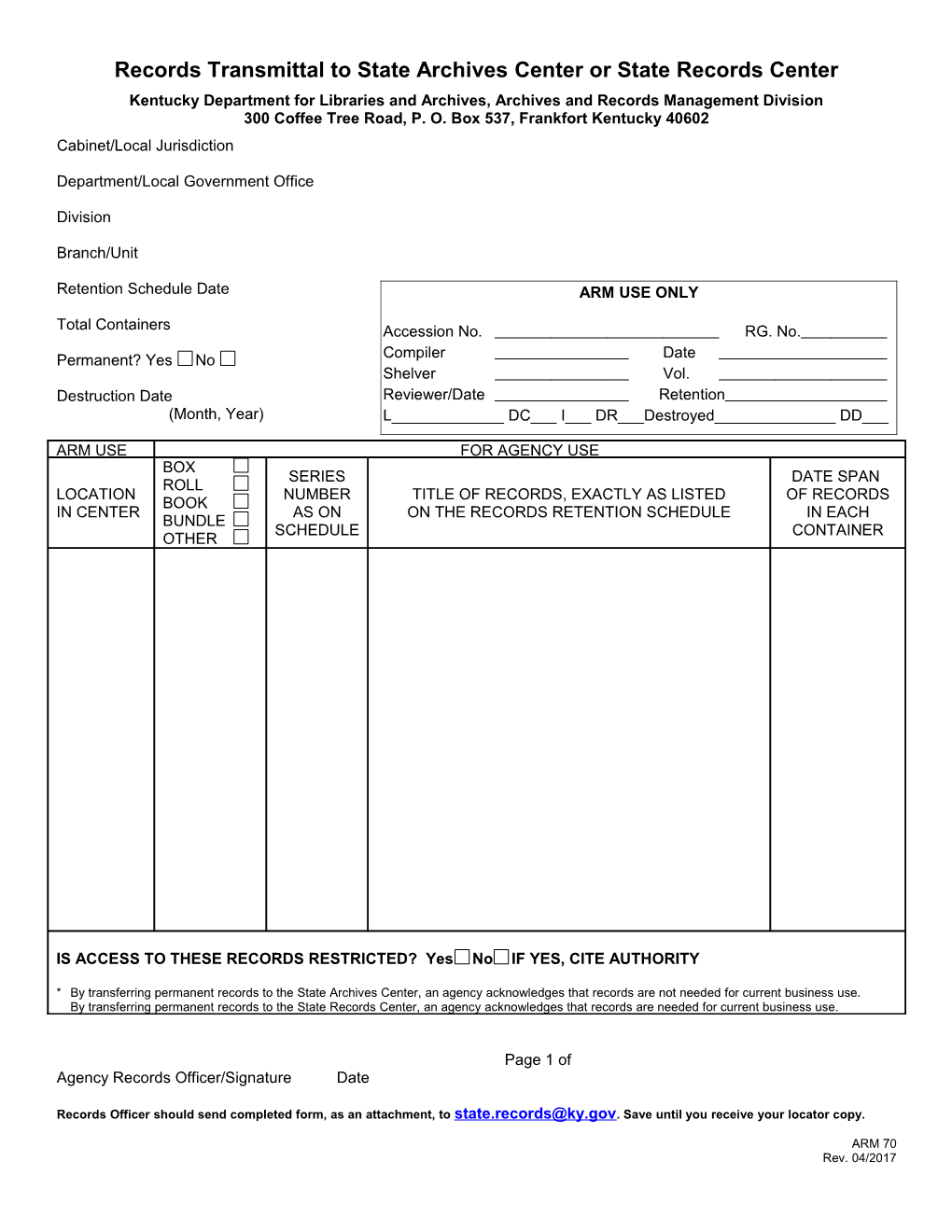 Records Transmittal to State Archives Center Or State Records Center