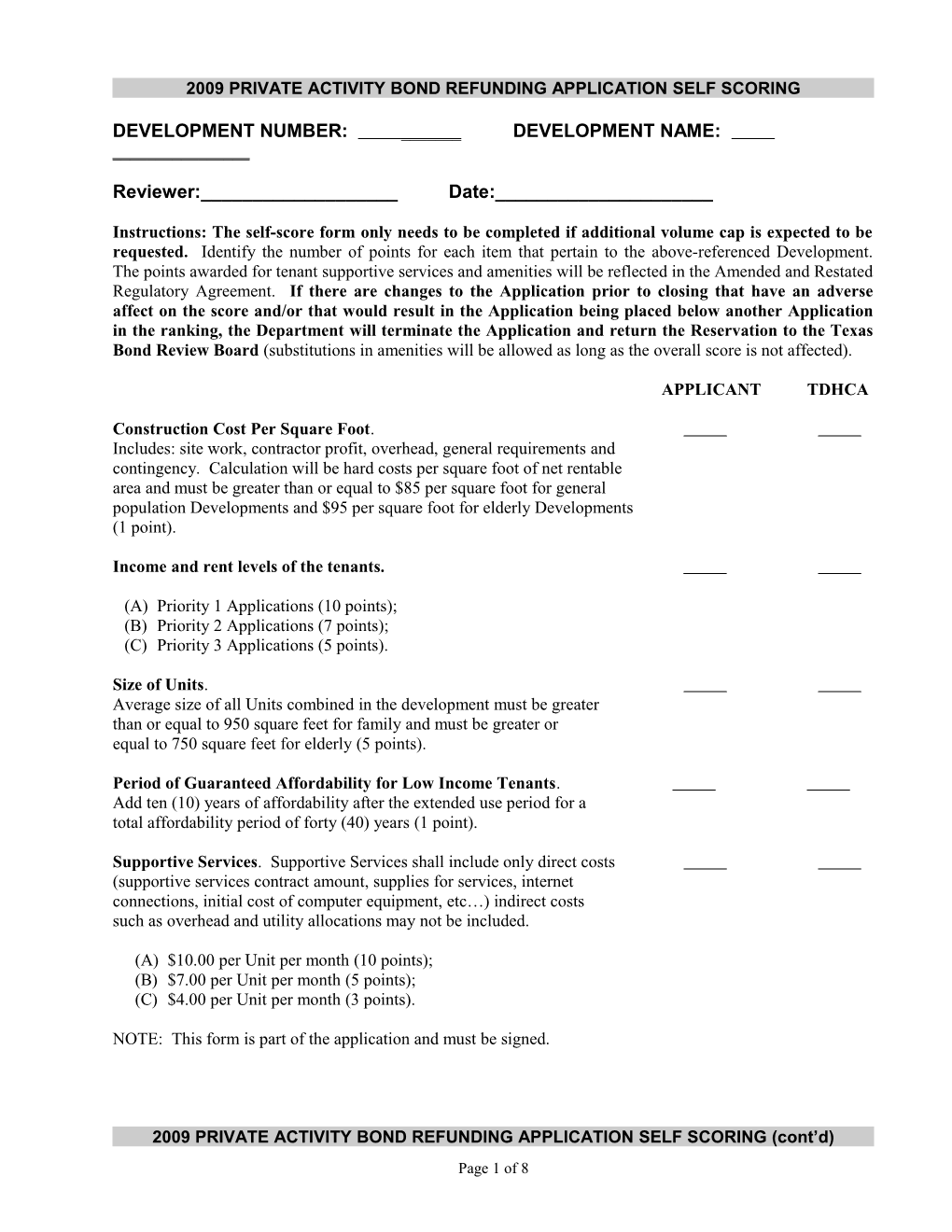 2009 Private Activity Bond Refunding Scoring Form