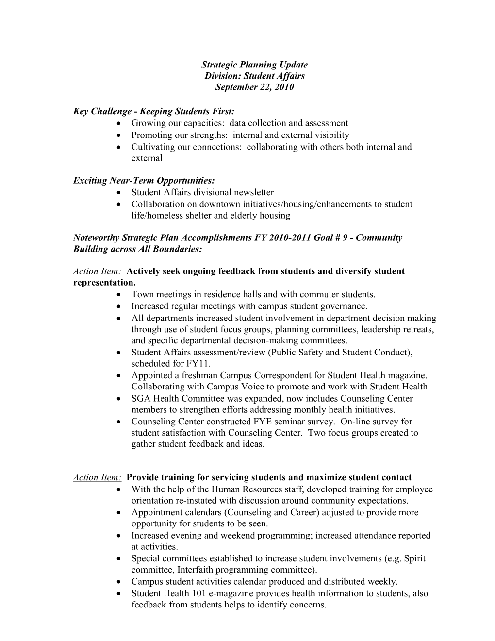 Student Affairs - Summary Report