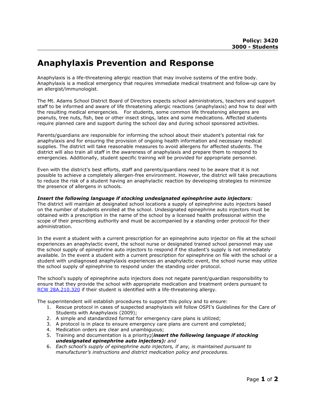 Anaphylaxis Prevention and Response