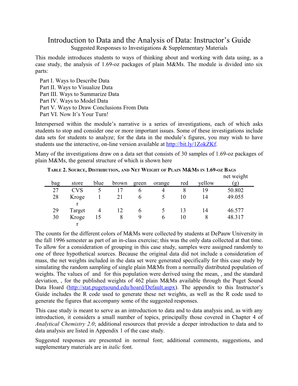 Introduction to Data and the Analysis of Data: Instructor S Guide