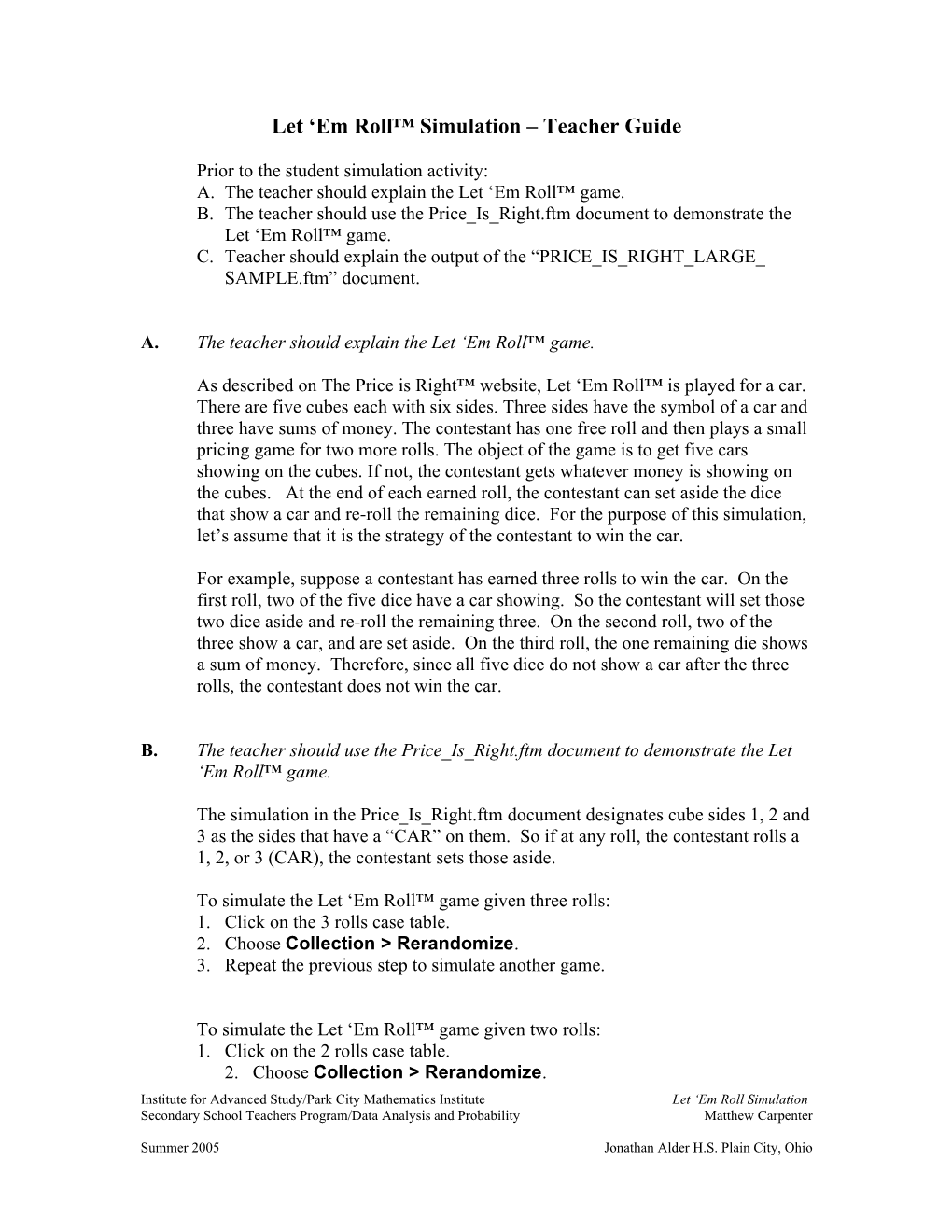 Let Em Roll Simulation Teacher Guide