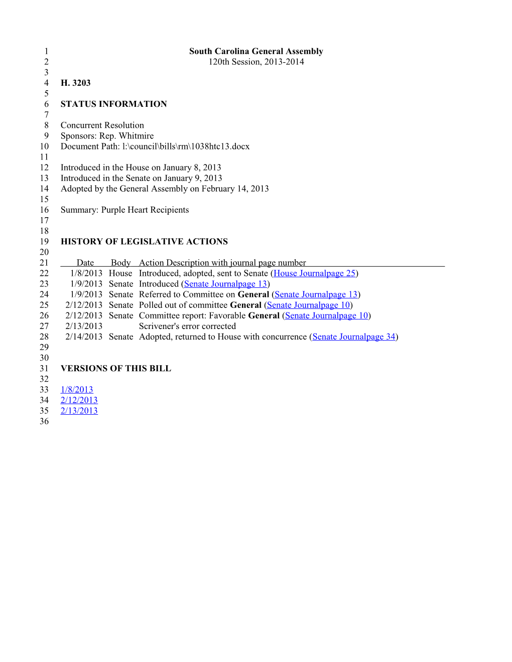 2013-2014 Bill 3203: Purple Heart Recipients - South Carolina Legislature Online