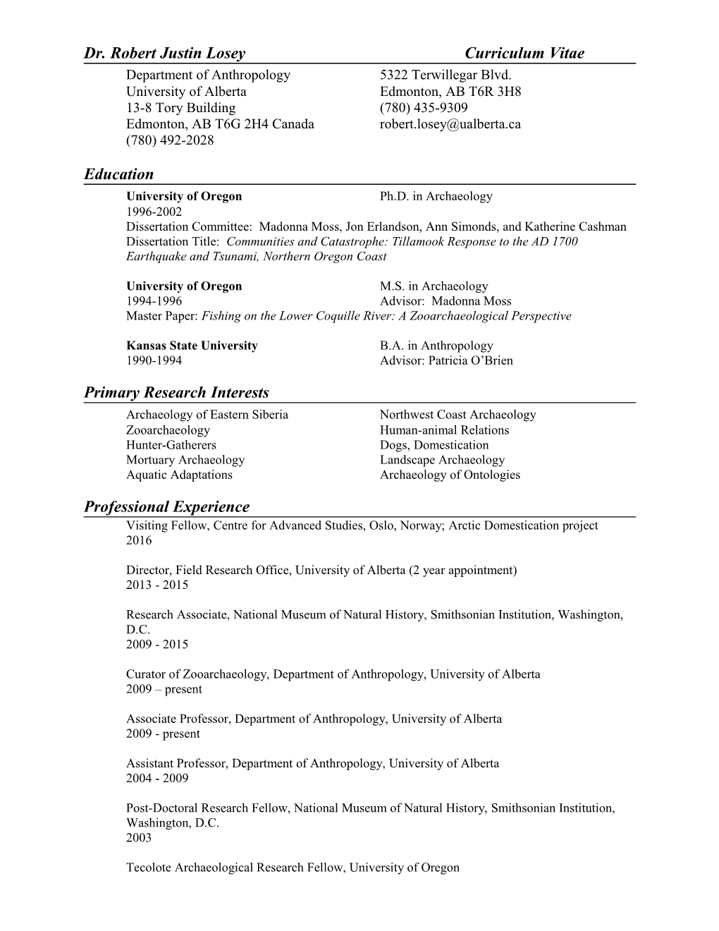 Dr. Robert Justin Losey Curriculum Vitae