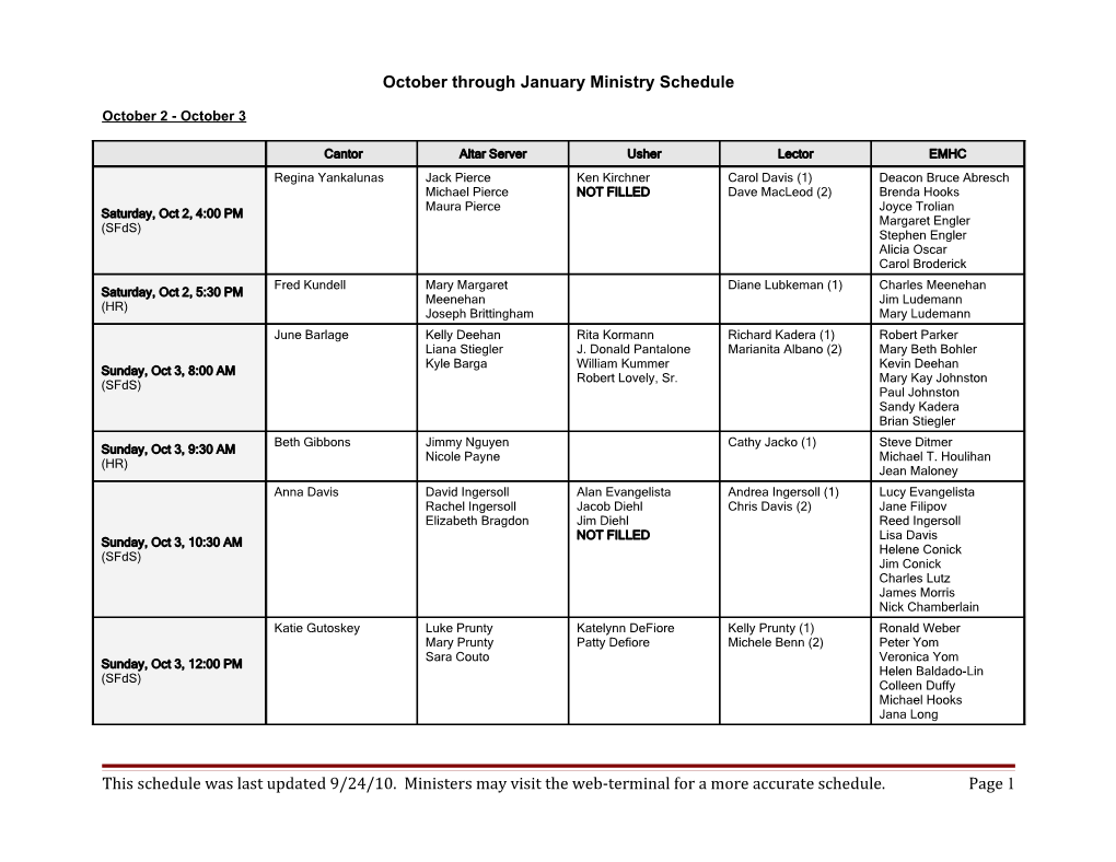 October Through January Ministry Schedule