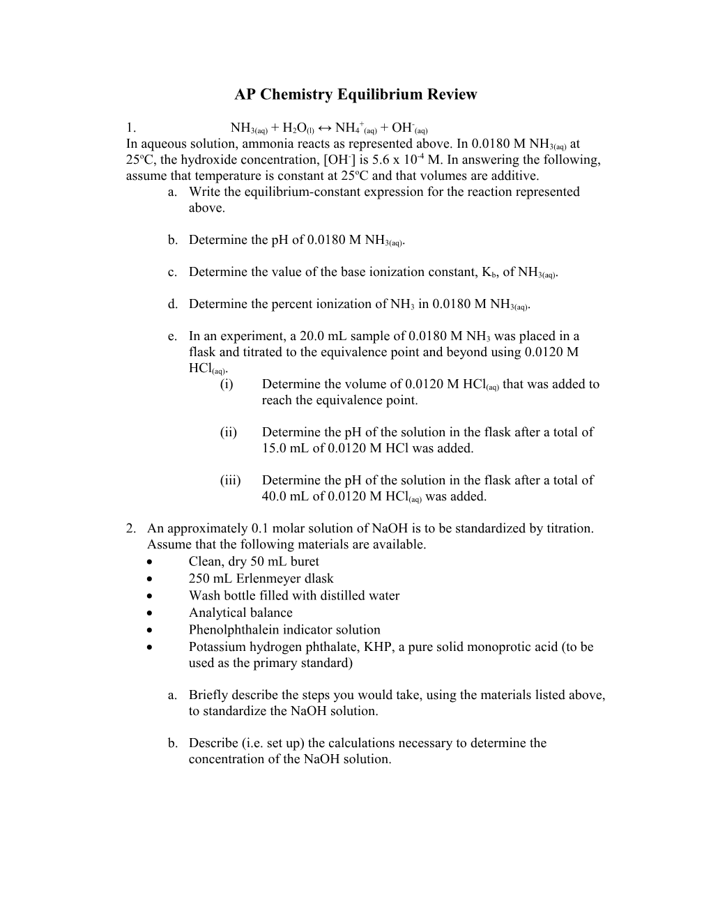 AP Chemistry Equilibrium Review