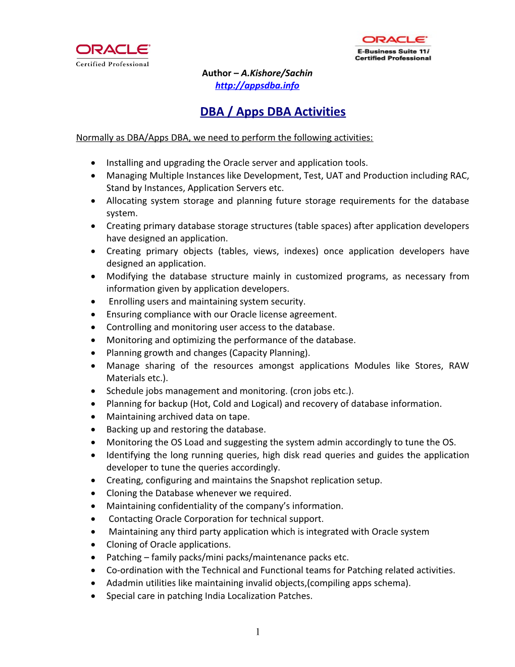 DBA / Apps DBA Activities