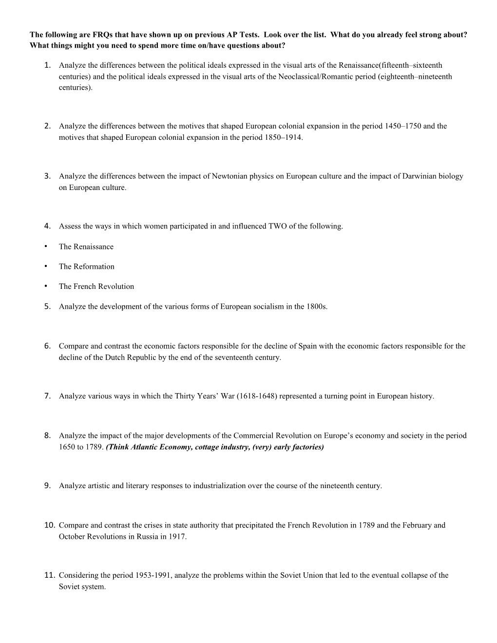 The Following Are Frqs That Have Shown up on Previous AP Tests. Look Over the List. What