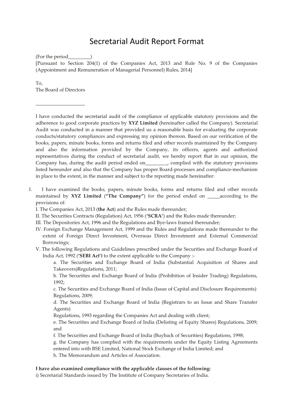 Secretarial Audit Report Format