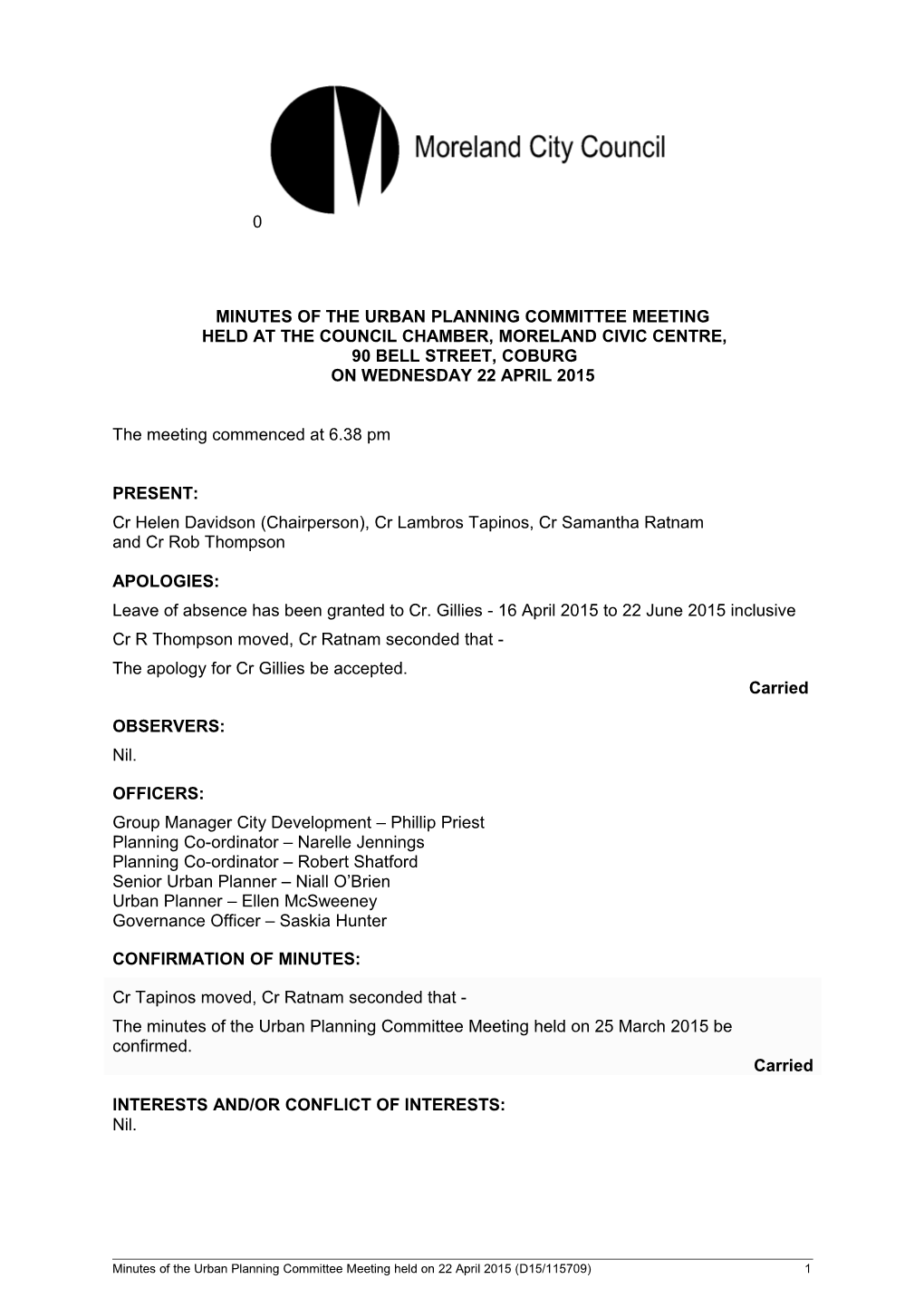 Minutes of Urban Planning Committee Meeting - 22 April 2015