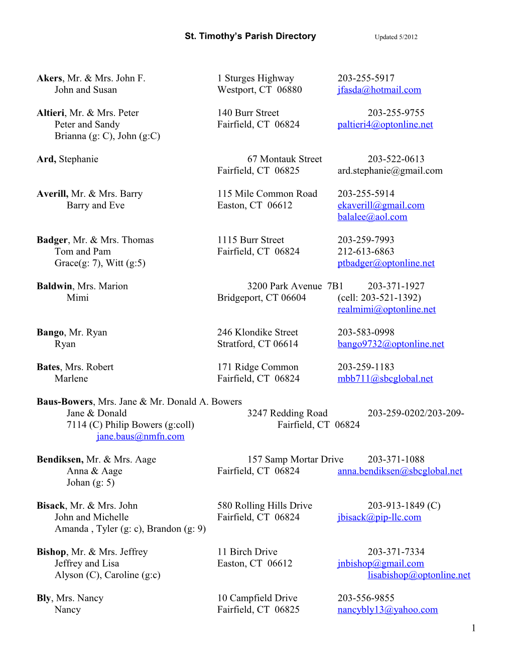 St. Timothy S Parish Directory Updated 5/2012