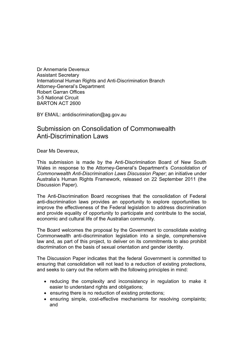 Submission on Consolidation of Commonwealth Anti-Discrimination Laws