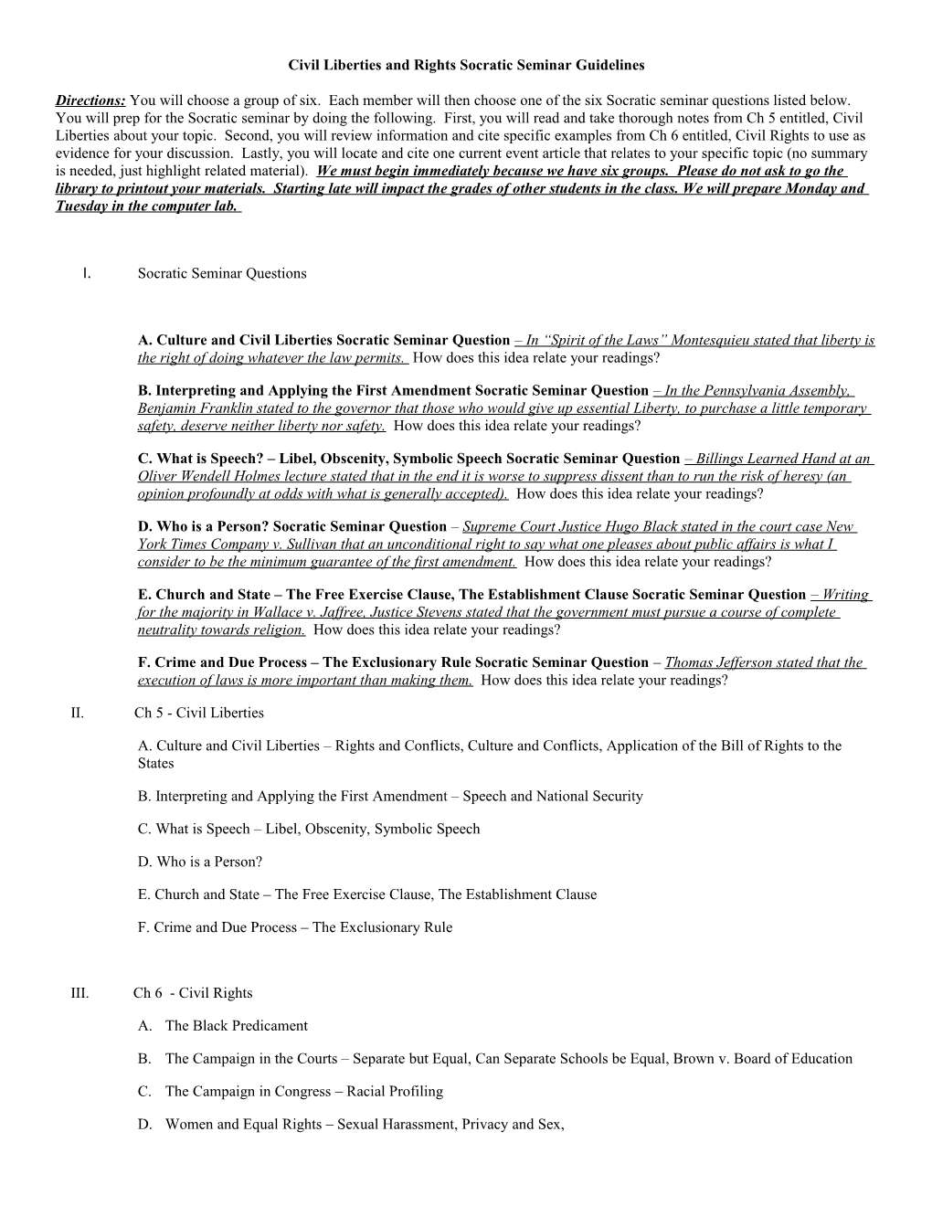 Civil Liberties and Rights Socratic Seminar Guidelines