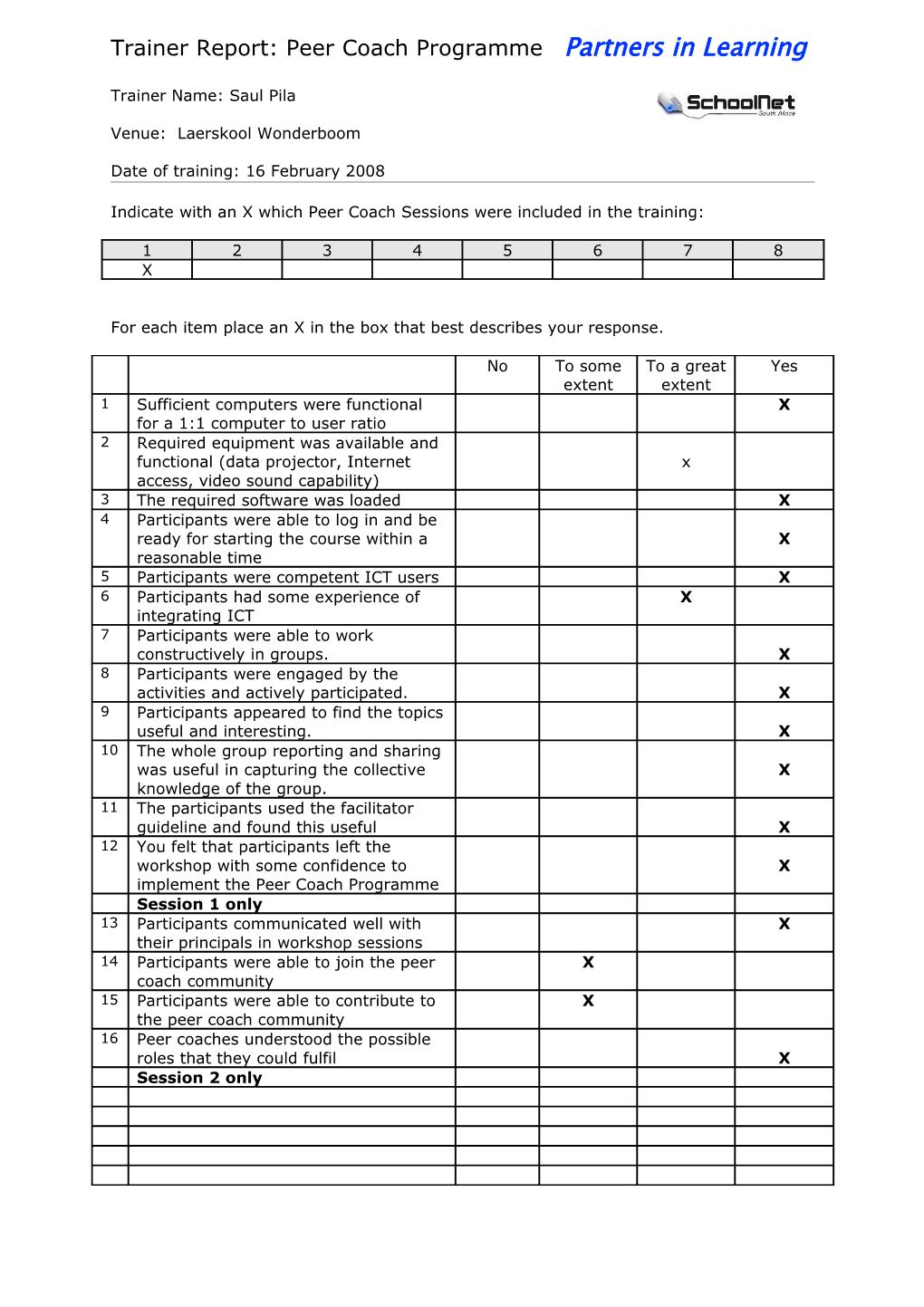 Trainer Report: Peer Coach Programme Partners in Learning