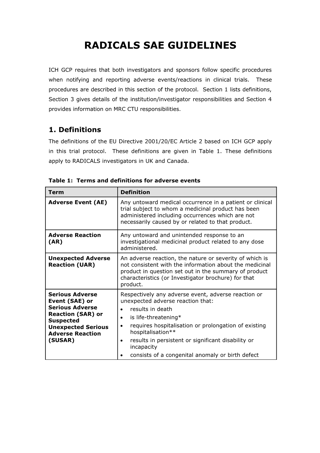 Table 1: Terms and Definitions for Adverse Events