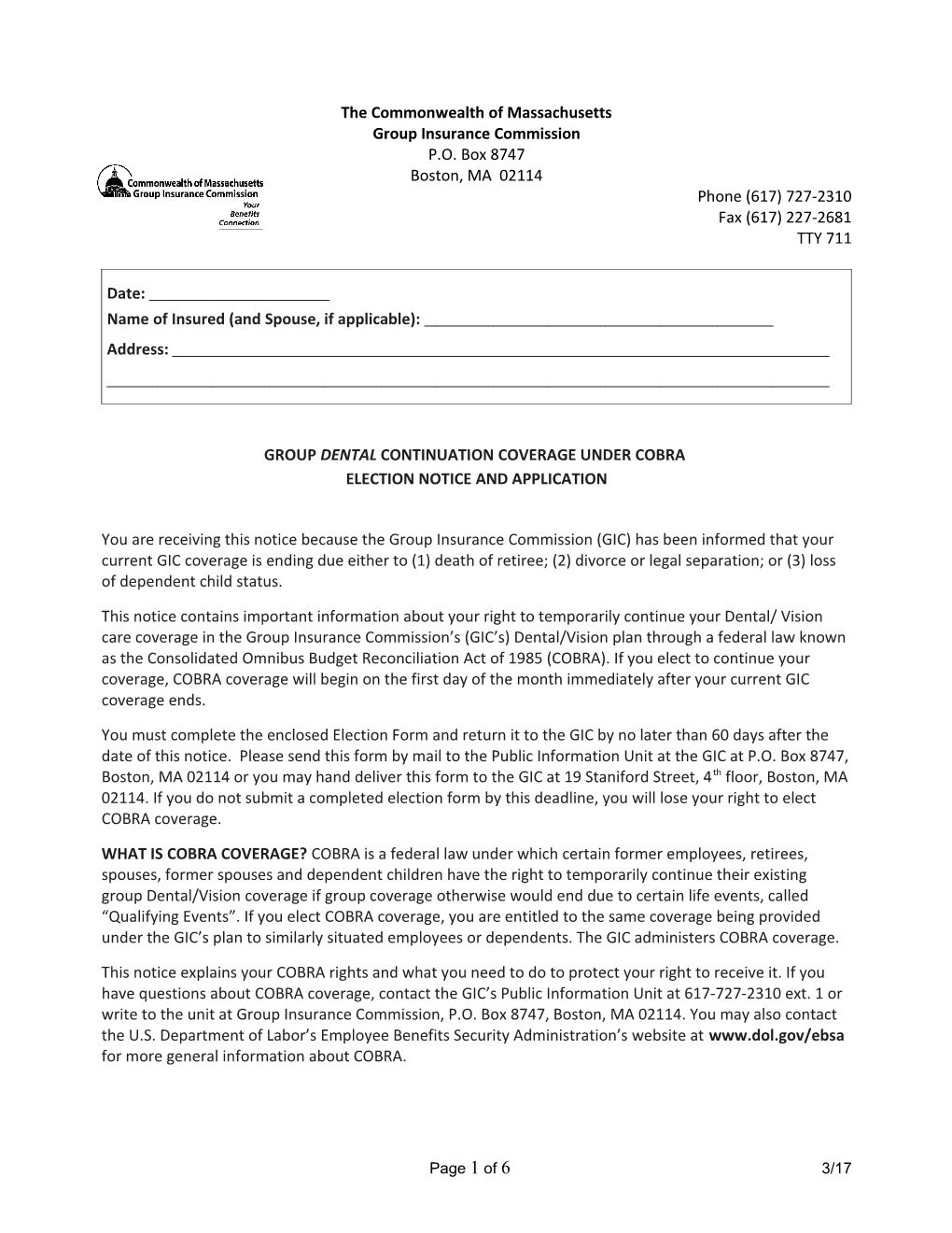 Group Dental/Vision Continuation Coverage Under Cobra Election Notice and Application