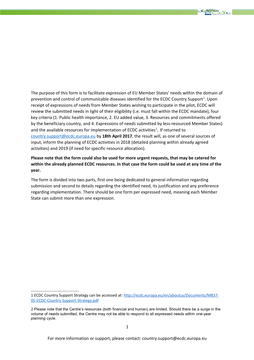 Country Support Mechanism Pilot 2017 Expression of Needs Form